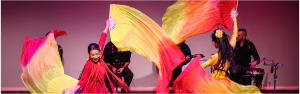 A picture of two flamenco dancers on stage with brightly coloured dresses and fans swirling around them.